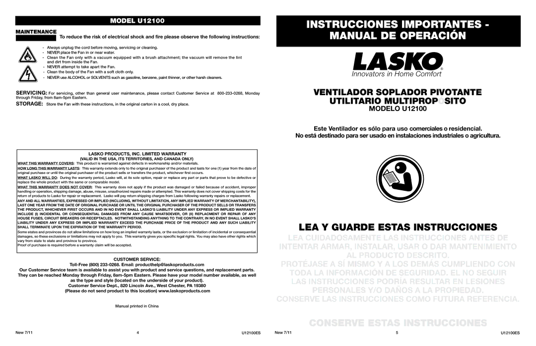 Lasko U12100  LASKO PRODUCTS, INC. Limited Warranty, Customer Service, Valid in the USA, its Territories, and Canada Only 